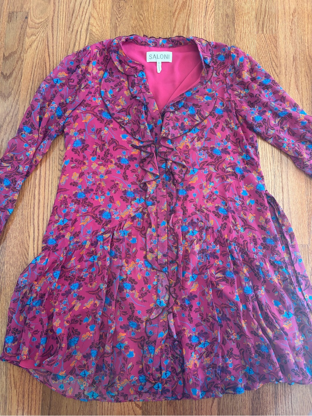 100% Silk SALONI Pink Floral Ruffle Dress with Blue and Yellow Accents